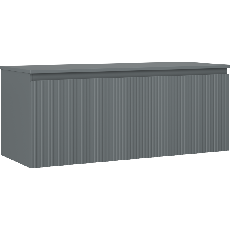 Servantskap 120 cm grafitt matt med én skuff og vertikale riller, sett skrått forfra.