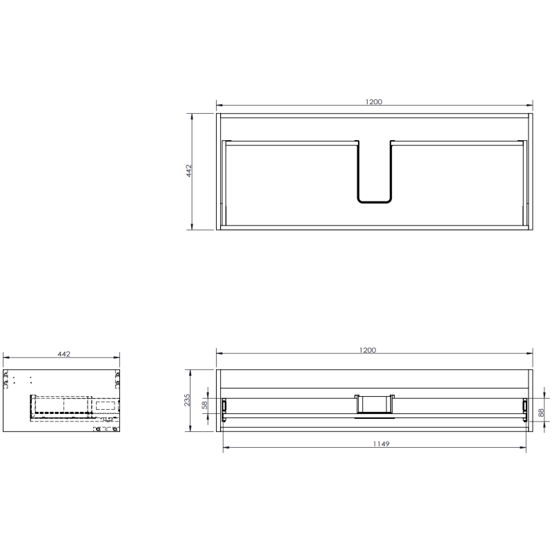 Servantskap til bad teknisk tegning av Mexen Rivel 120 cm med mål og riflet front.