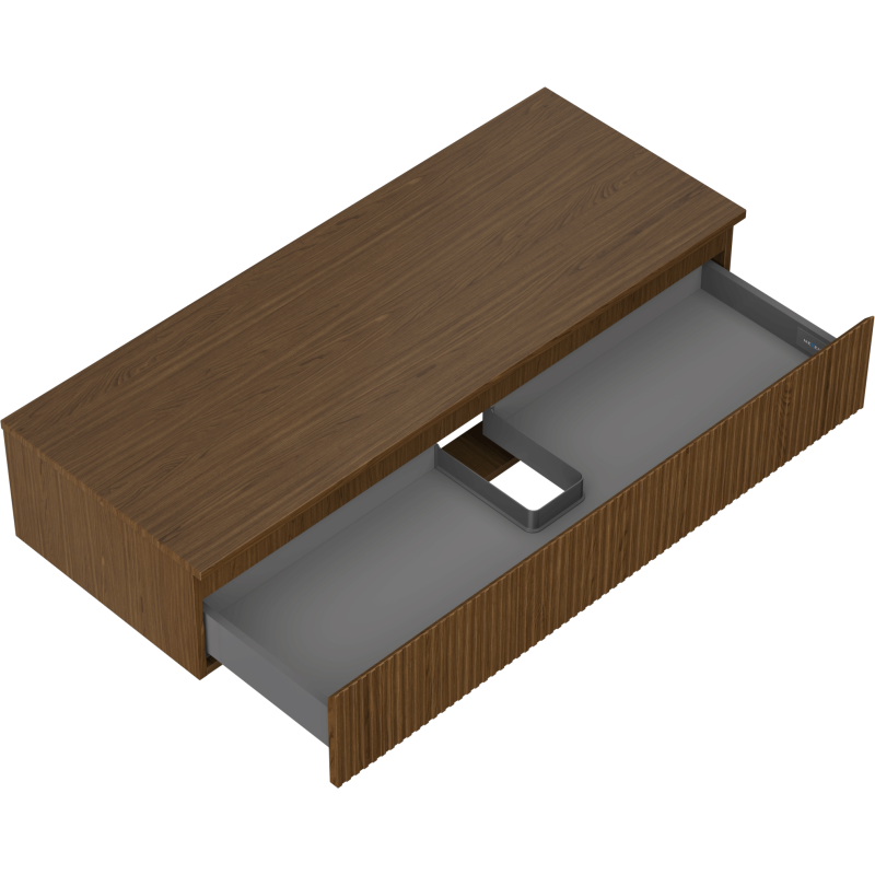 Servantskap uten vask 120 cm i valnøtt med riflet front og stor grå uttrekksskuff, sett skrått ovenfra.