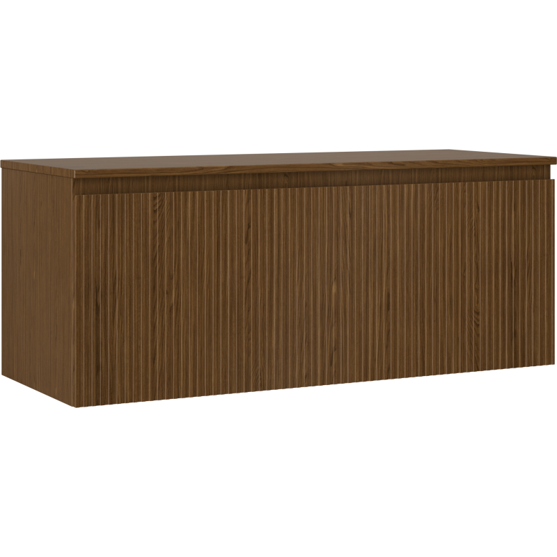 Servantskap 120 cm i valnøtt med én skuff og riflet front, sett fra skrå vinkel.