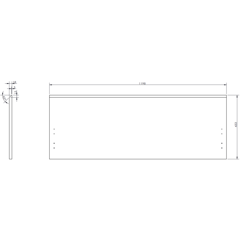 Servantskap teknisk tegning av 120 cm valnøttmodell med riflet front, visende mål og monteringsdetaljer.