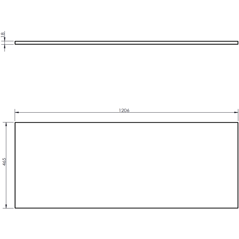 Underskap til servant teknisk tegning av hvitt panel, 1206x465x18 mm, sett fra siden og forfra.