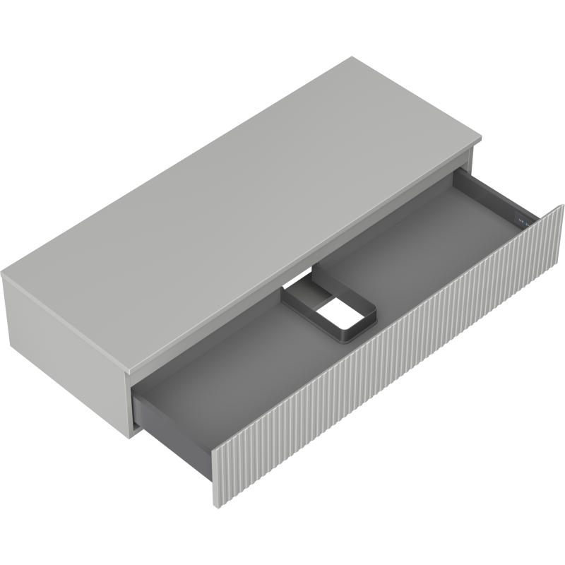 Servantskap uten vask grå Mexen Rivel 120 cm med riflet front og åpen skuff med rominndeling.