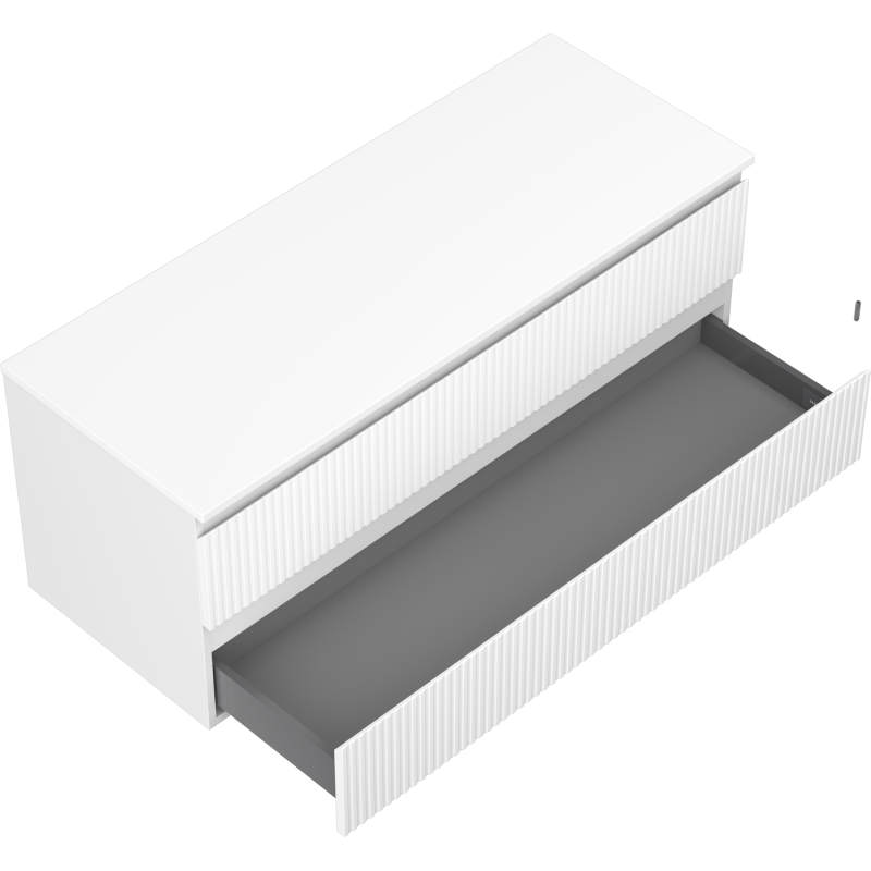 Servantskap til bad 120 cm i hvit matt med riflet front, én stor skuff trukket ut, sett skrått ovenfra.