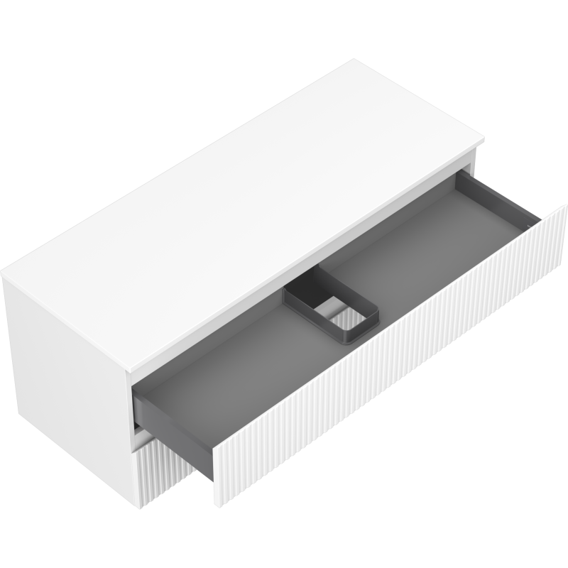 Servantskap uten vask 120 cm hvit matt med riflet front og en åpen grå skuff med avdeler.