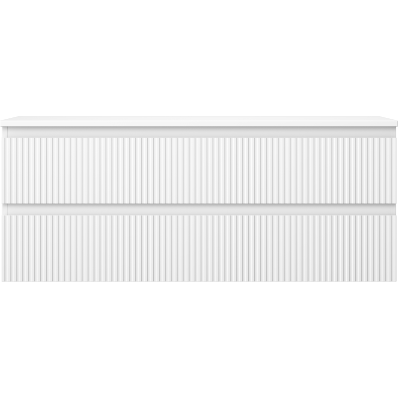 Underskap til servant 120 cm hvit matt med riflet front og to skuffer, sett rett forfra.