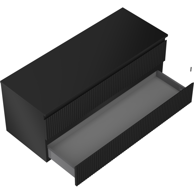 Servantskap til bad Mexen Rivel 120 cm svart matt med én stor skuff trukket ut og rillede fronter.