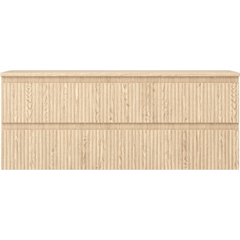 Underskap til servant i lys eik med riflet front og to skuffer, sett rett forfra.