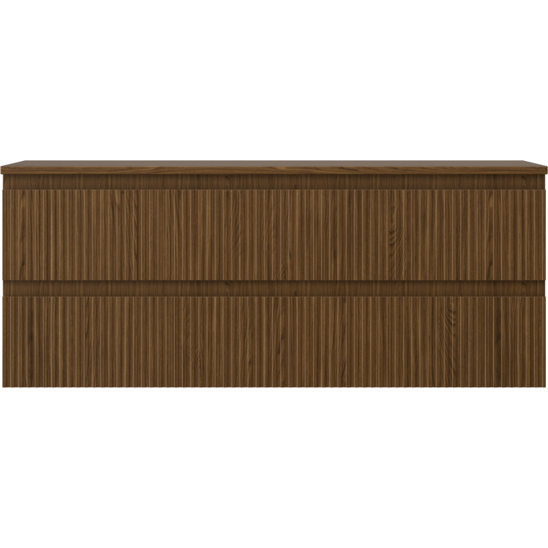 Underskap til servant i valnøtt, rett forfra med vertikalt åremønster og tre glatte skuffer.