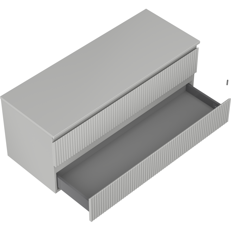 Servantskap til bad 120 cm i lys grå matt med riflede fronter og én bred skuff trukket ut.