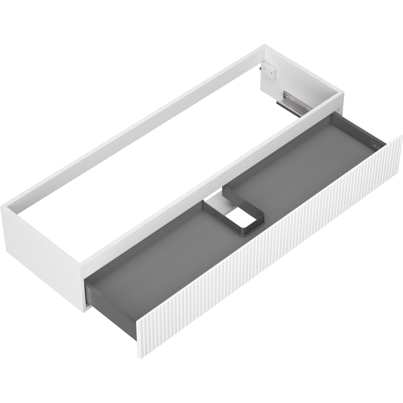 Servantskap uten vask hvit Mexen Rivel 140 cm, åpen skuff med grå innside og rillede fronter.