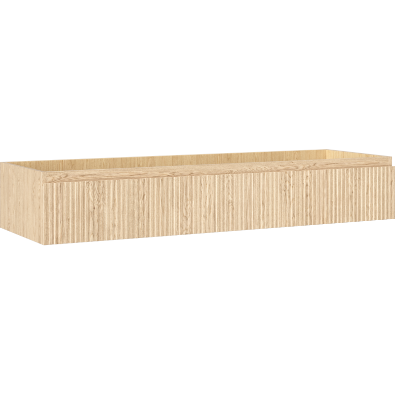 Servantskap 140 cm i eik med én skuff og riflet front, sett fra skrå vinkel.