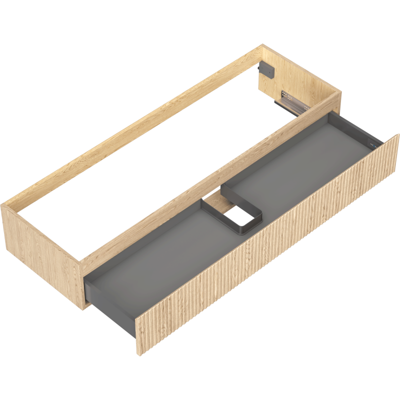 Servantskap uten vask i eik med riflet front, én skuff og mørkegrå innmat, sett skrått ovenfra.