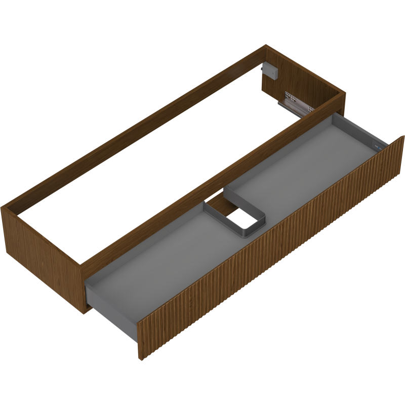 Servantskap uten vask 140 cm valnøtt med riflet front og grå innmat, sett skrått ovenfra.