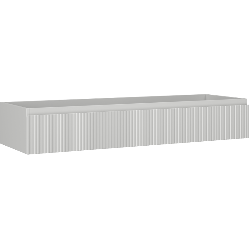 Servantskap 140 cm i grå matt med én skuff og riflet front, sett skrått forfra.