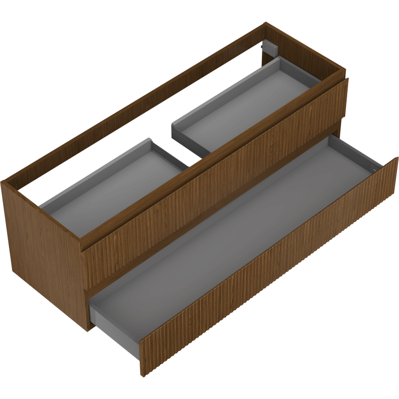 Servantskap til bad i valnøtt med to grå skuffer, skrått ovenfra, skuffene trukket ut.