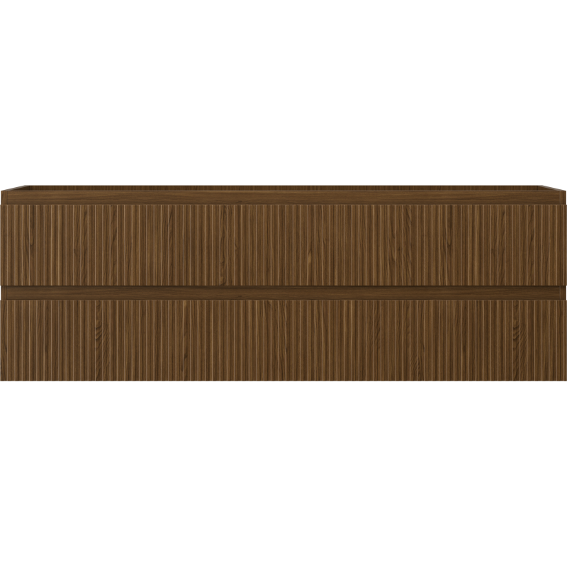 Underskap til servant i valnøtt med vertikal rillet front, sett rett forfra uten synlige håndtak.