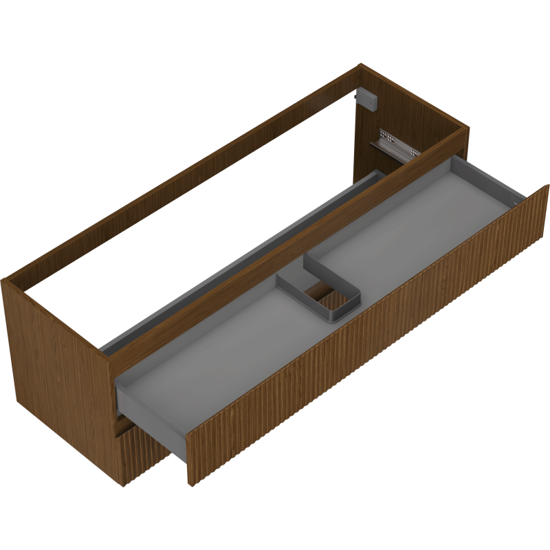 Servantskap uten vask 140 cm i valnøtt med to skuffer, åpen skuff med grå innmat og rominndeler.