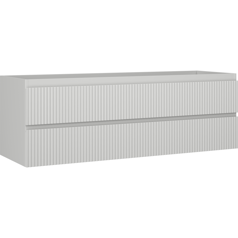 Servantskap 140 cm grå matt med to skuffer og riflet front, sett skrått forfra.