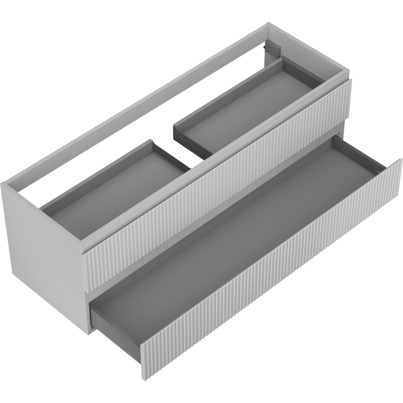 Servantskap til bad 140 cm grå matt med riflet front, to åpne skuffer, vist fra skrå vinkel.