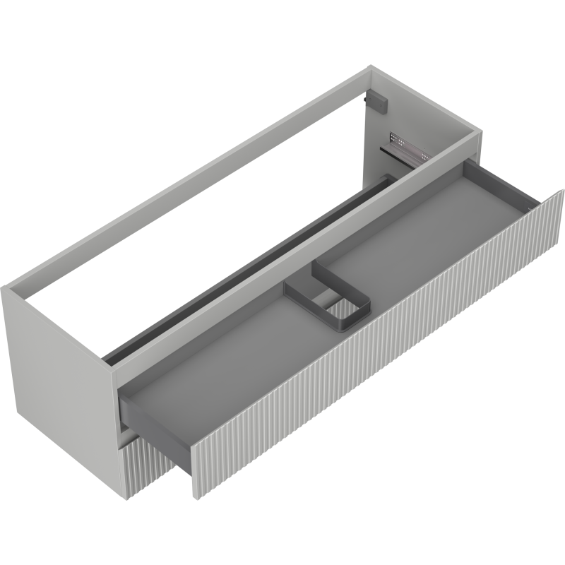Servantskap uten vask grå matt 140 cm med riflet front og delvis åpen skuff med rominndeler.