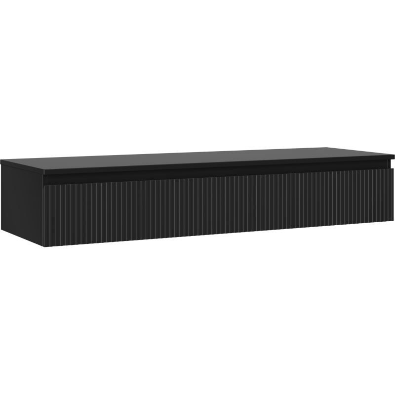 Servantskap 140 cm i svart matt med én skuff og vertikale riller, sett fra skrå vinkel.