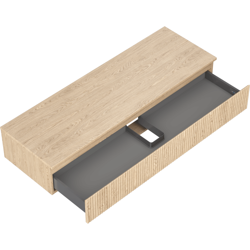 Servantskap uten vask 140 cm i eik med åpen grå innerskuff og riflet front, sett ovenfra.