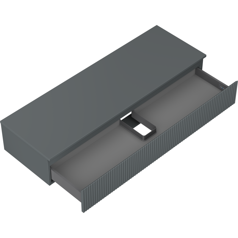 Servantskap uten vask 140 cm grafitt matt med riflet front og åpen skuff sett fra skrå vinkel.