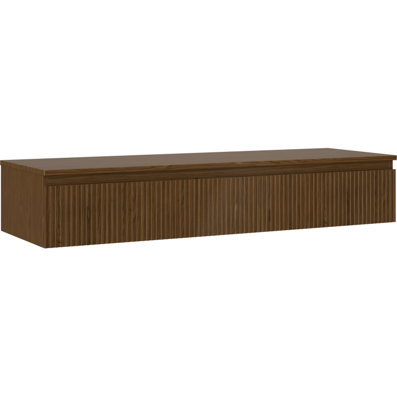 Servantskap 140 cm i valnøtt med én riflet skuff, sett fra skrå vinkel.