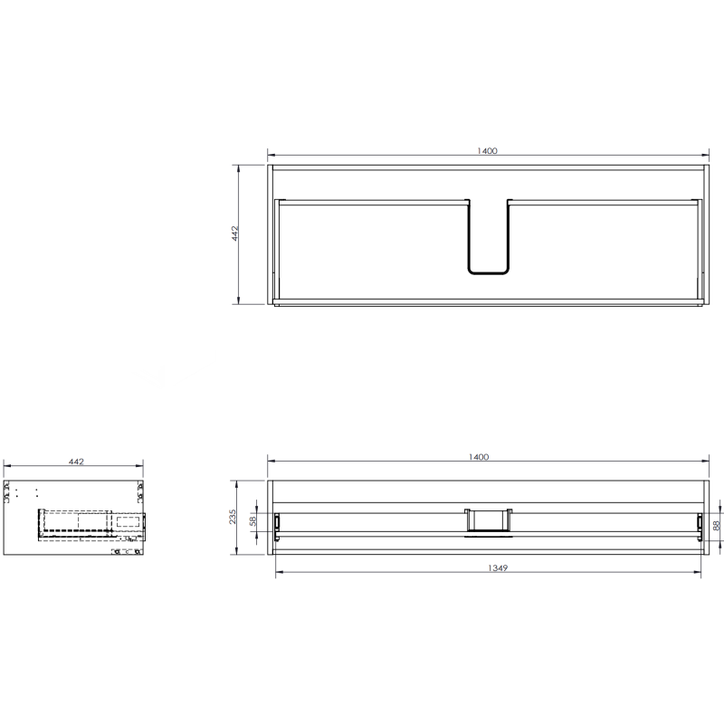Servantskap til bad teknisk tegning med mål av Mexen Rivel 140 cm valnøtt, én skuff, riflet front.
