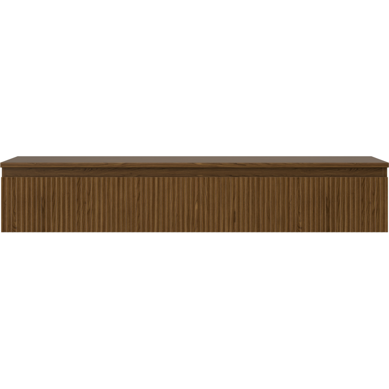 Underskap til servant i valnøtt med riflet front og én stor skuff, sett rett forfra.