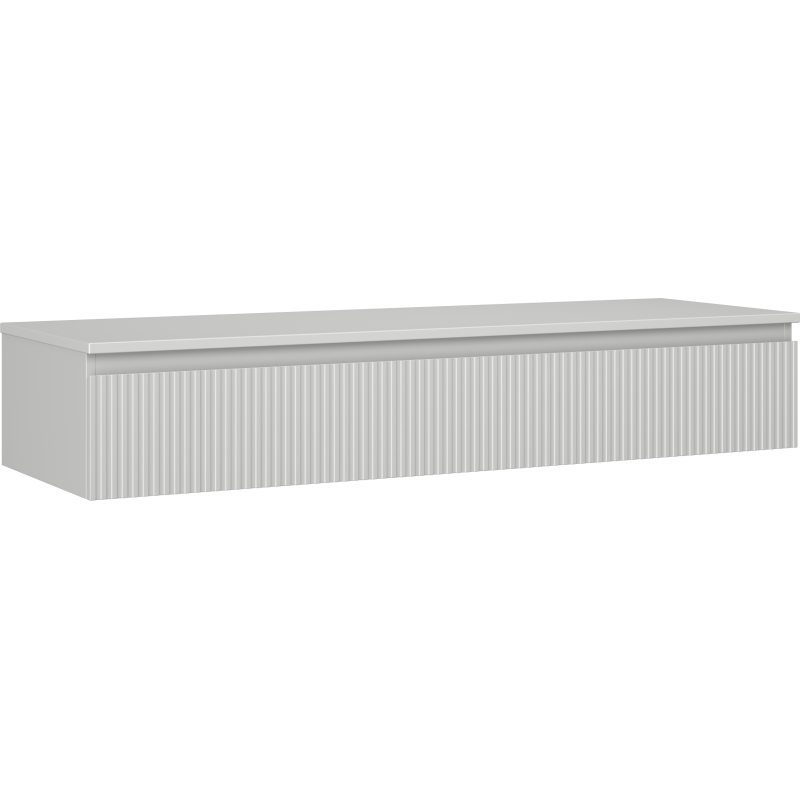 Servantskap 140 cm grå matt med én skuff og riflet front, sett fra skrå vinkel.