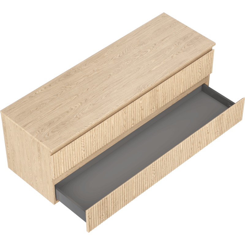 Servantskap til bad 140 cm i eik, sett ovenfra med åpen stor grå skuff og riflet front.