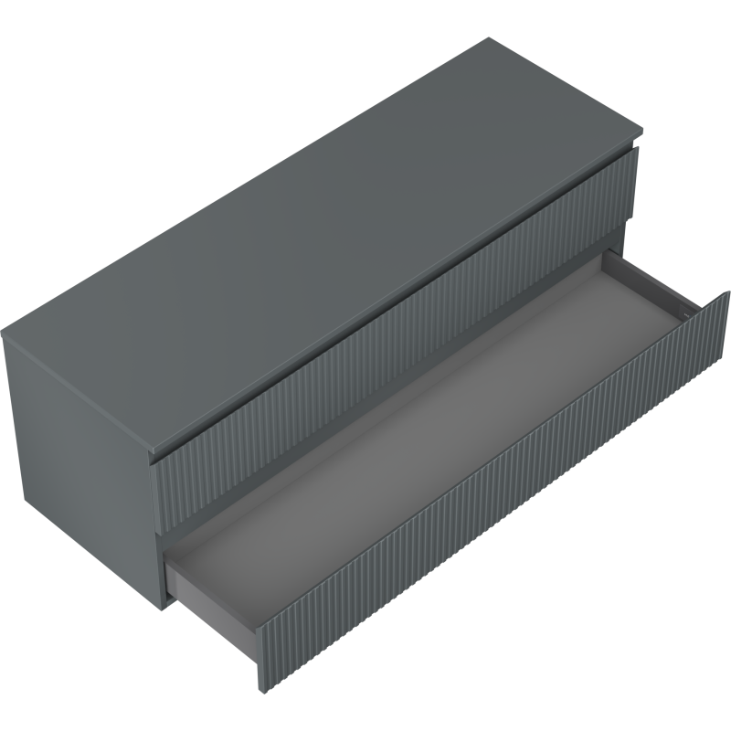Servantskap til bad i grafitt matt med én stor, riflet skuff trukket ut, sett fra skrå vinkel.