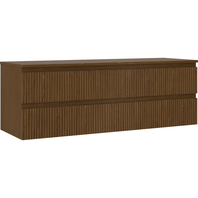 Servantskap 140 cm i valnøtt med vertikale riller og to brede skuffer uten håndtak, sett fra skrå vinkel.