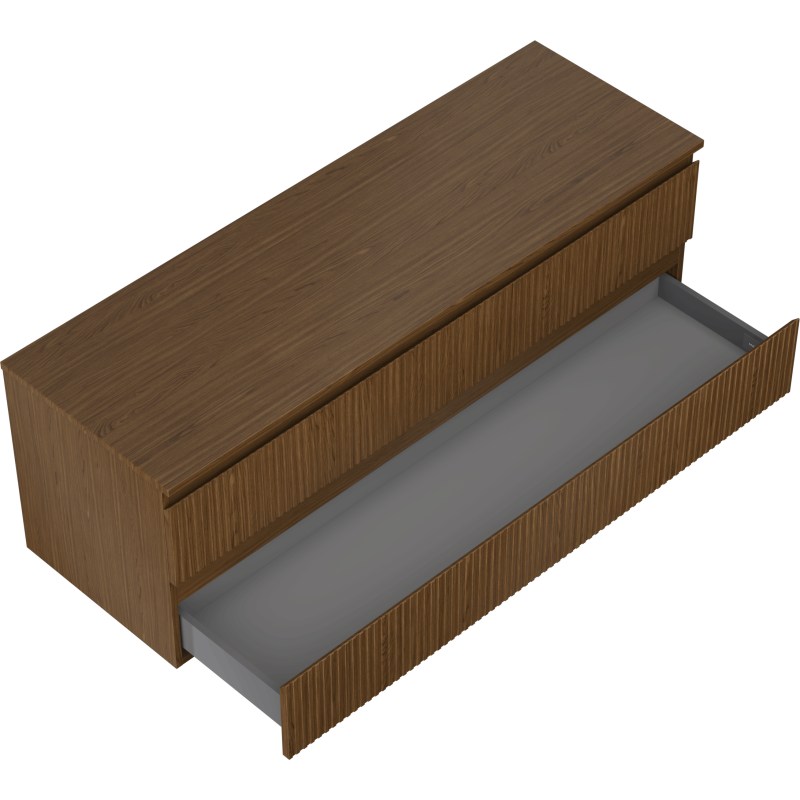 Servantskap til bad 140 cm i valnøtt med én stor skuff trukket ut, sett fra skrå vinkel ovenfra.