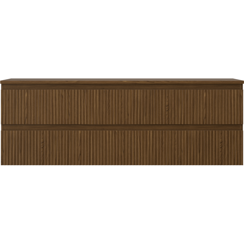 Underskap til servant i valnøtt med vertikale riller og to skuffer, moderne design, sett forfra.