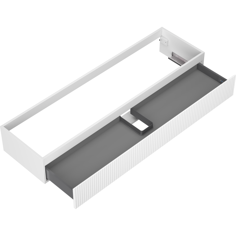 Servantskap uten vask 160 cm hvit matt med riflet front og utskjært rom for avløp, sett skrått ovenfra.