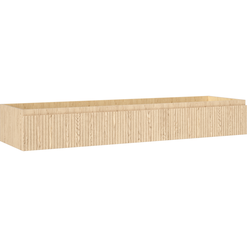 Servantskap 160 cm i lys eik med én skuff og riflet front, sett fra skrå vinkel.