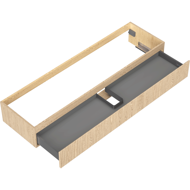 Servantskap uten vask 160 cm i eik med åpen riflet skuff og grå innside, vist i vinkel ovenfra.