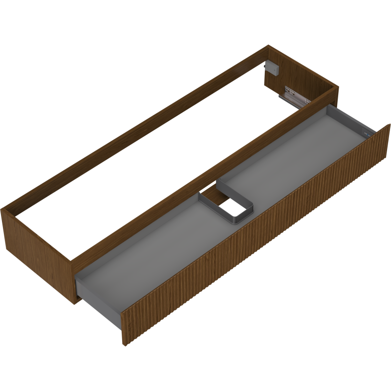 Servantskap uten vask i valnøtt med åpen riflet skuff, grå innside og utskjæring for rørføring.