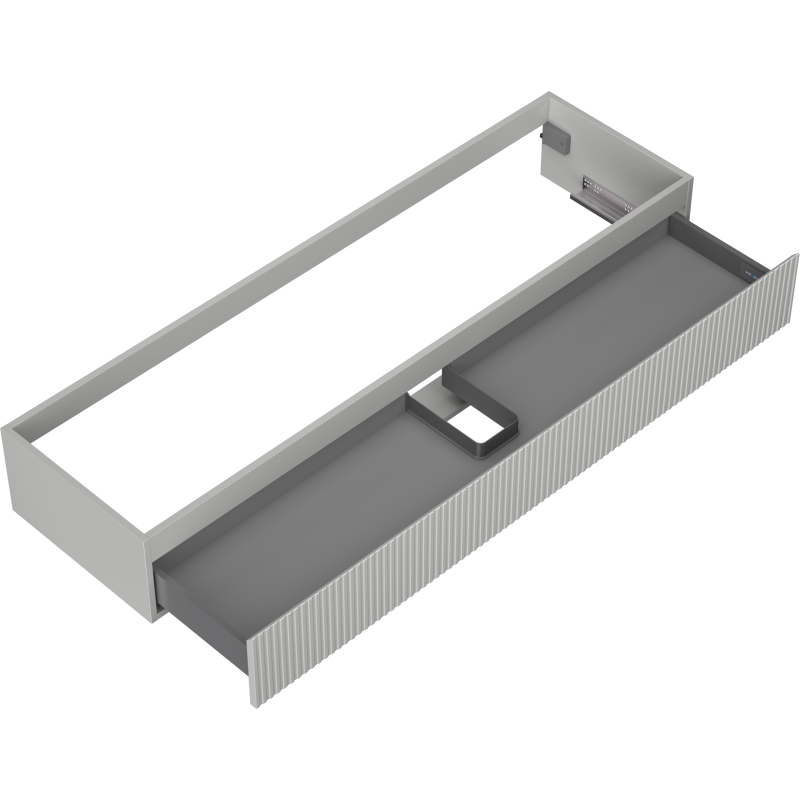 Servantskap uten vask 160 cm grå matt med åpen rillet skuff og synlig innmat, sett ovenfra.