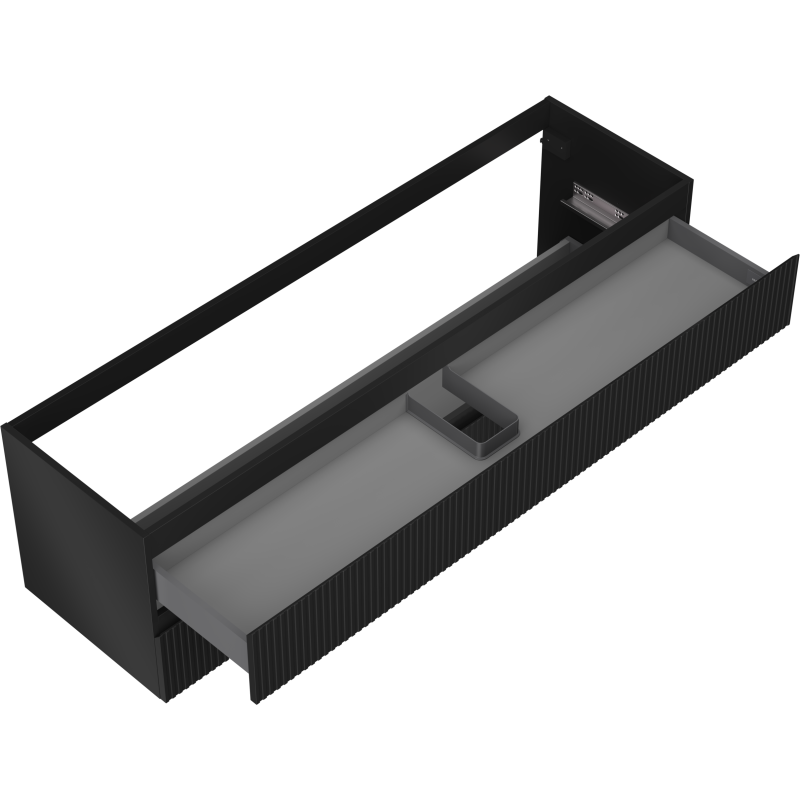 Servantskap uten vask svart matt skuff med rillet front, delvis åpen og organisert innsats, skrå toppvinkel.