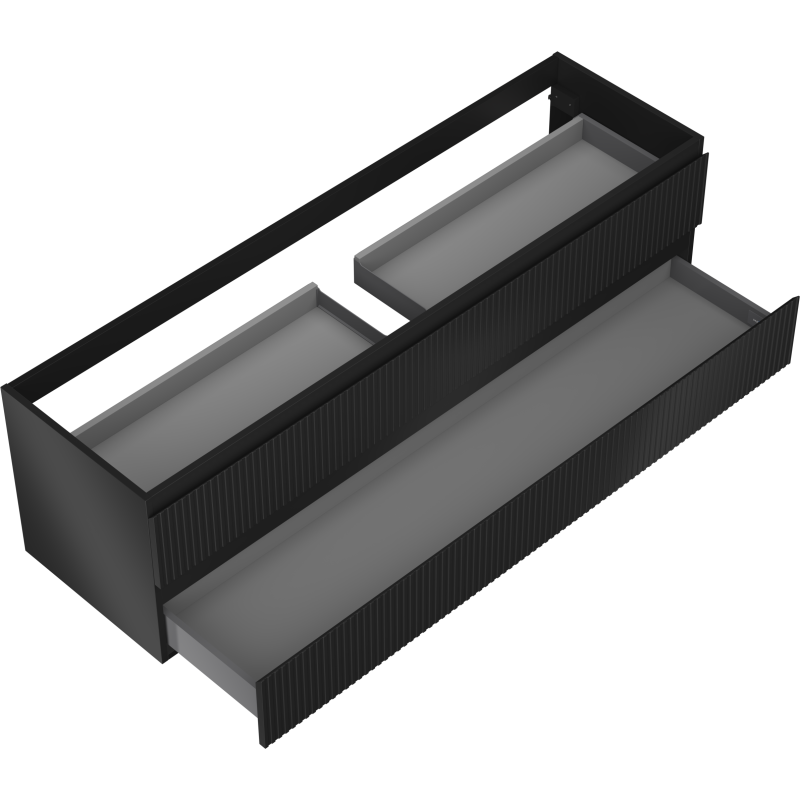 Servantskap til bad med svart matt riflet front, to skuffer og rominndeling, sett fra skrå vinkel.
