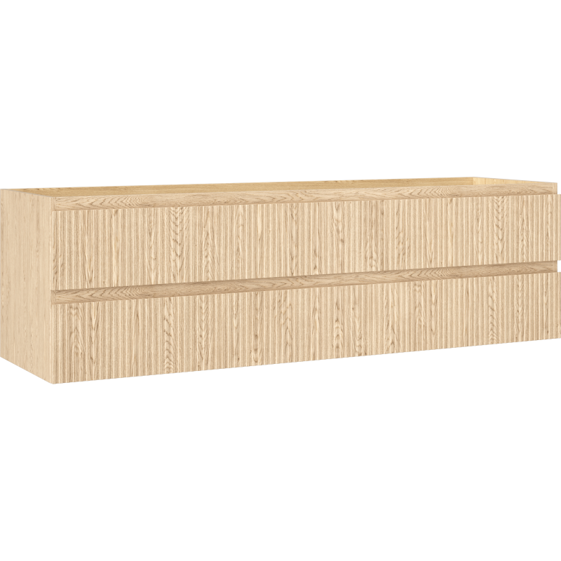 Servantskap 160 cm i eik med riflet front og to skuffer uten håndtak, sett fra skrå vinkel.