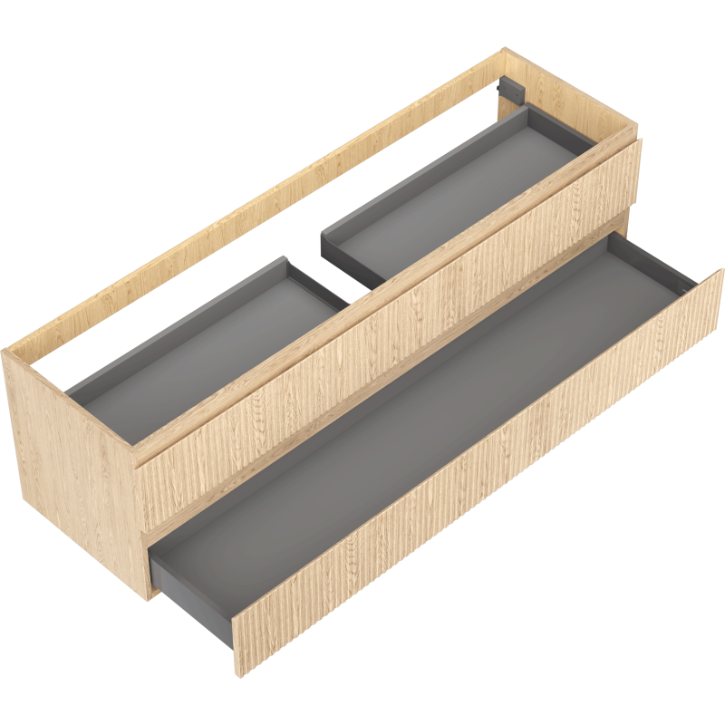 Servantskap til bad i lyst eik med riflet front, to grå innerskuffer sett ovenfra.