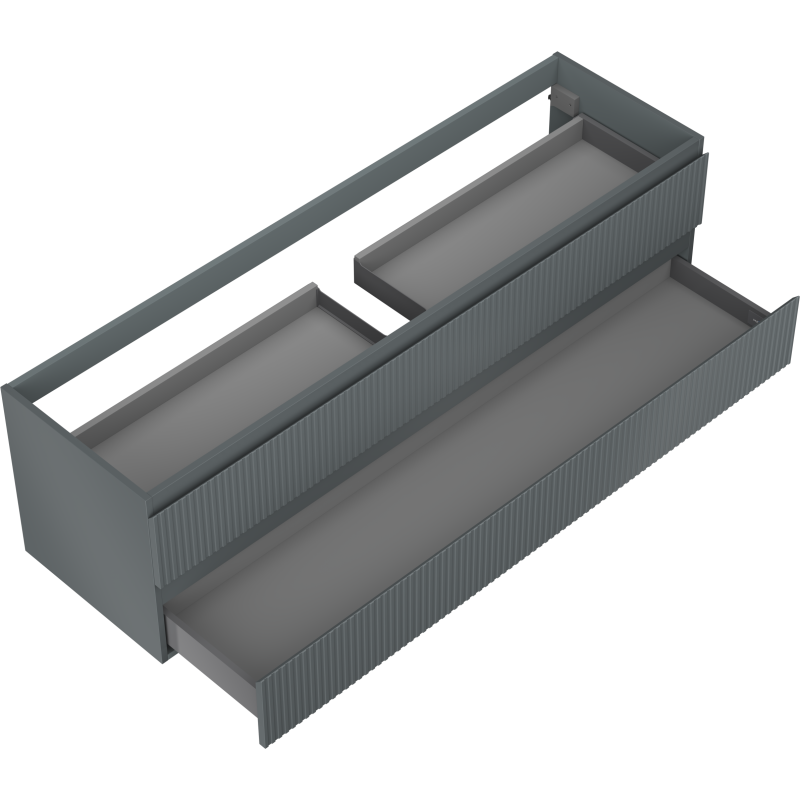 Servantskap til bad 160 cm grafitt matt med to skuffer, rillede fronter, sett ovenfra på skrå.