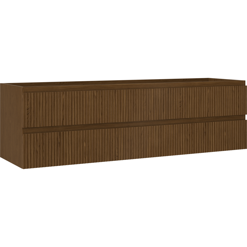 Servantskap 160 cm i valnøtt med to skuffer og vertikale riller, sett skrått forfra.