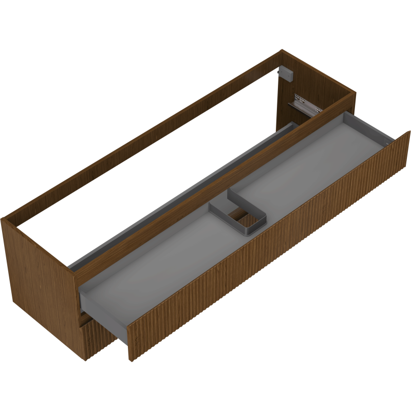 Servantskap uten vask med grå skuffeinnsats og U-formet utsparing i valnøttfarget skap.