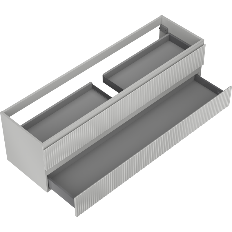 Servantskap til bad Mexen Rivel 160 cm i lys grå med to skuffer og vertikale riller, sett skrått ovenfra.